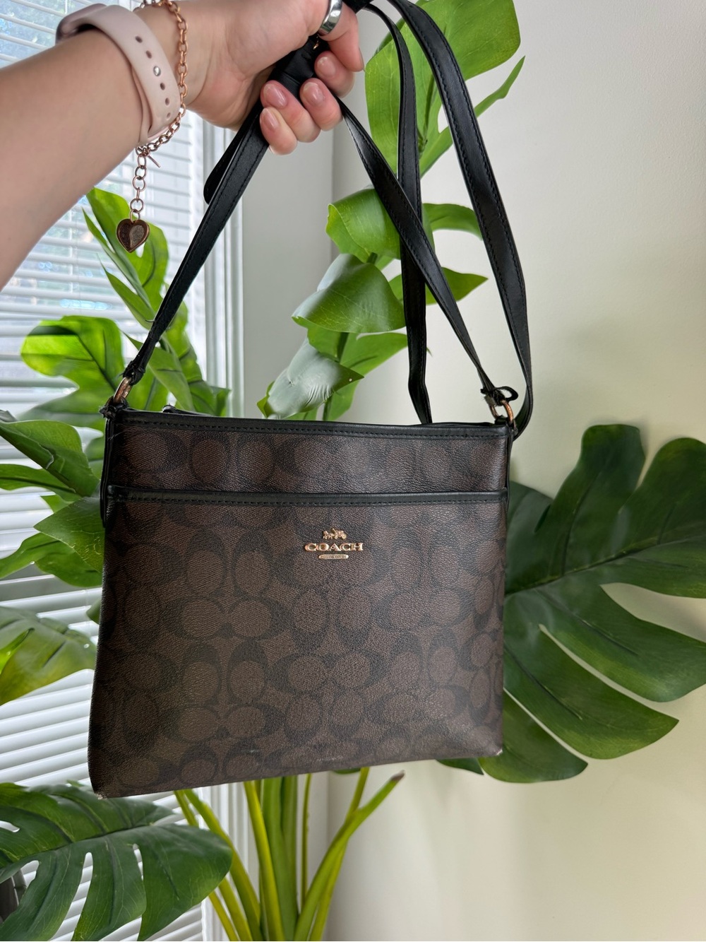 Coach Dark Brown Signature Crossbody Bag with Black Straps